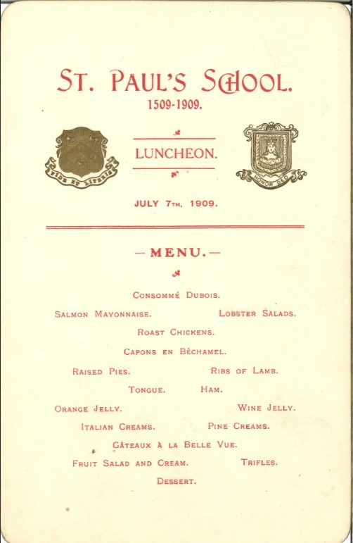 セントポール学院創立400周年記念の特別食事会のランチョン・メニュー